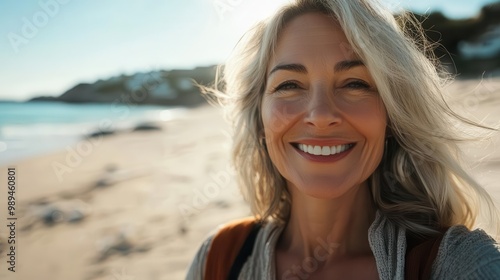 joyful mature woman enjoying sunny day at sandy beach smiling at camera ai generated image