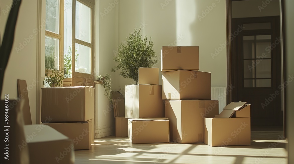 Cardboard boxes and household items are seen indoors, with space for text to highlight moving day themes Cardboard boxes and household items are seen indoors, with space for text to highlight moving day themes