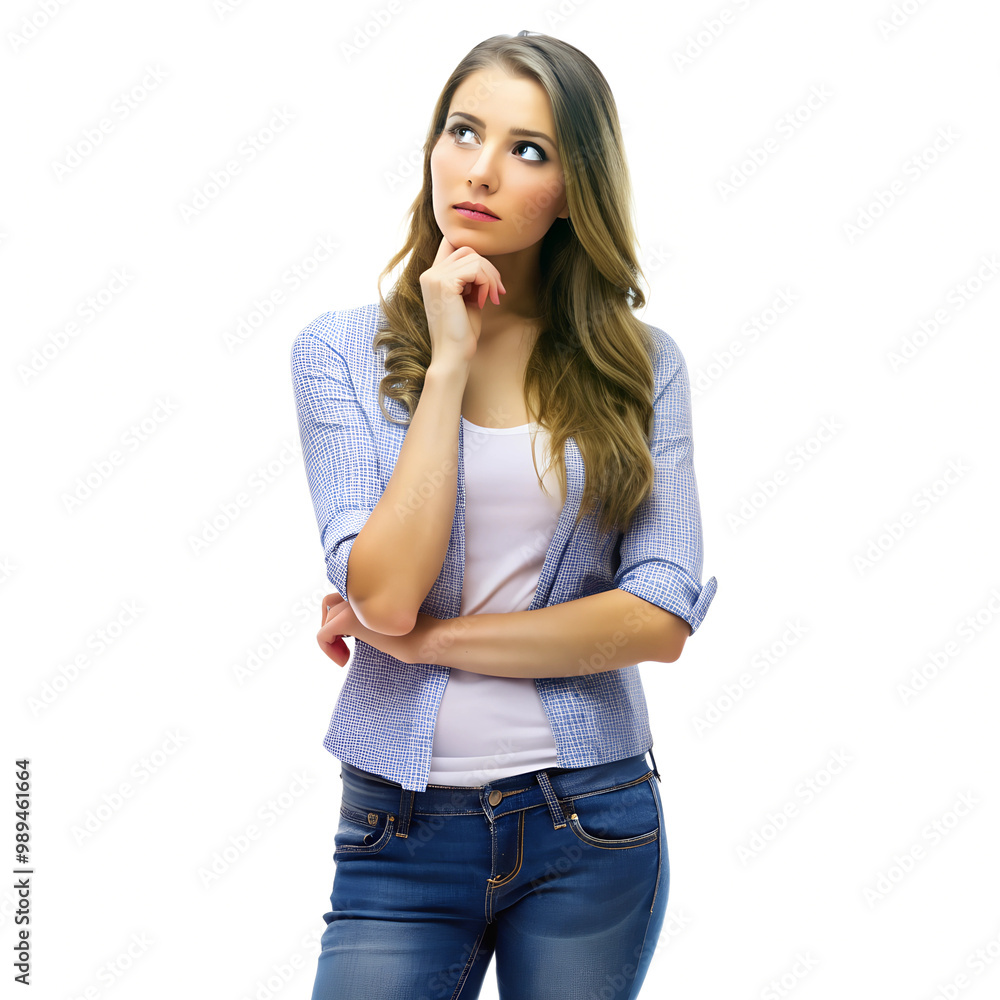 A young woman wearing casual clothes, standing and thinking A young woman wearing casual clothes, standing and thinking