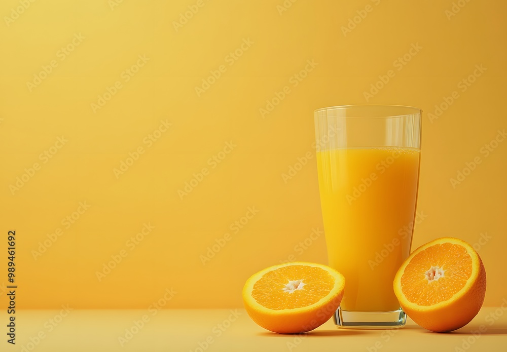 Glass Orange Juice With Orange Slices, Yellow Background Glass Orange Juice With Orange Slices, Yellow Background