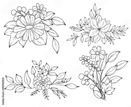 Fall botanical flower line drawing vector illustration set, hand drawn autumn flower bouquets