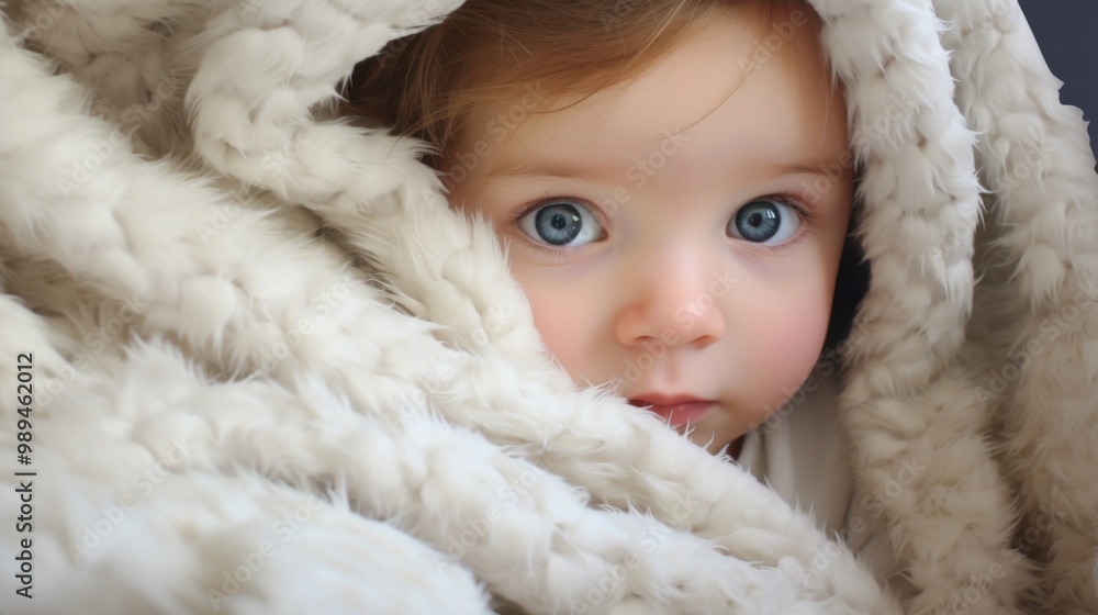 A baby with bright blue eyes peeks out from under a fluffy blanket, exuding warmth and innocence. A baby with bright blue eyes peeks out from under a fluffy blanket, exuding warmth and innocence.