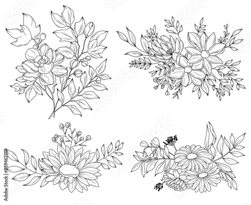 Fall botanical flower line drawing vector illustration set, hand drawn autumn flower bouquets