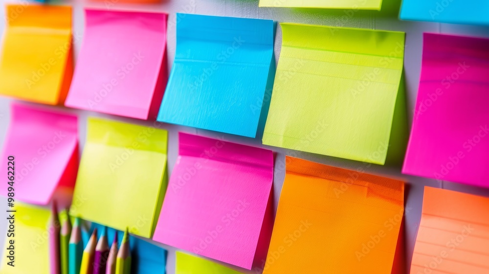 The image depicts a collection of colorful blanc empty sticky notes attached to a wall or board. The image depicts a collection of colorful blanc empty sticky notes attached to a wall or board.
