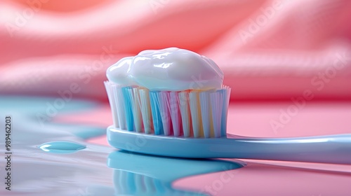 New toothbrush with toothpaste close-up on pastel background