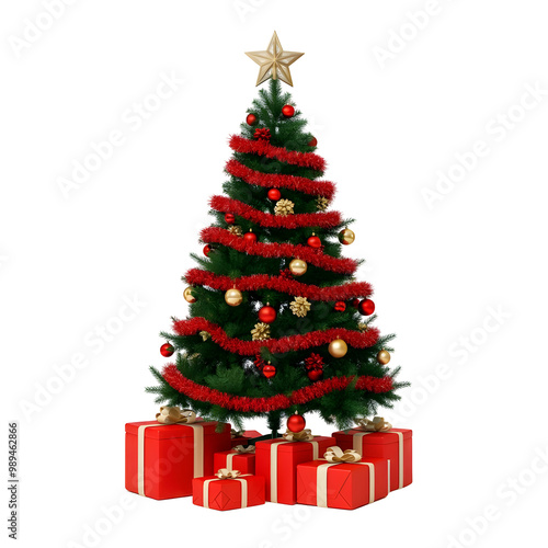 Decorated Christmas tree with presents for new year isolated on white background 