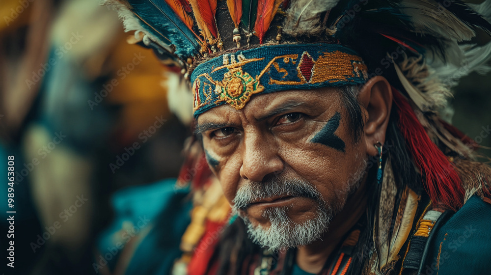 Fototapeta premium Traditional Indigenous leader adorned in elaborate attire during cultural celebration in the forest