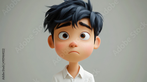 Sad Unhappy Depressed Asian Cartoon Boy 3D Style Design, Young Male Character in White Shirt, Emotional Expression Concept for People Feelings and Mental Health Awareness