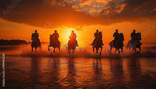 Silhouette of five riders on horses galloping through a shallow body of water at sunset
 photo