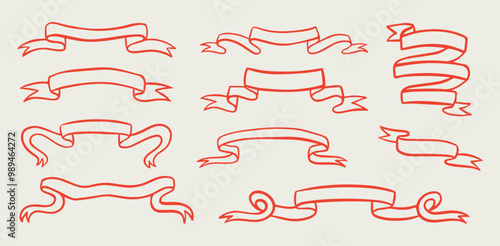 Set of elegant whimsical hand-drawn pink blue orange green color banners with wavy squiggle curly ribbons in trendy, vintage styles. Perfect for quirky holiday, wedding, birthday gift decorations