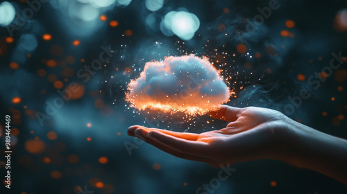 A hand holding a glowing cloud with sparks in a mysterious, dark environment at night