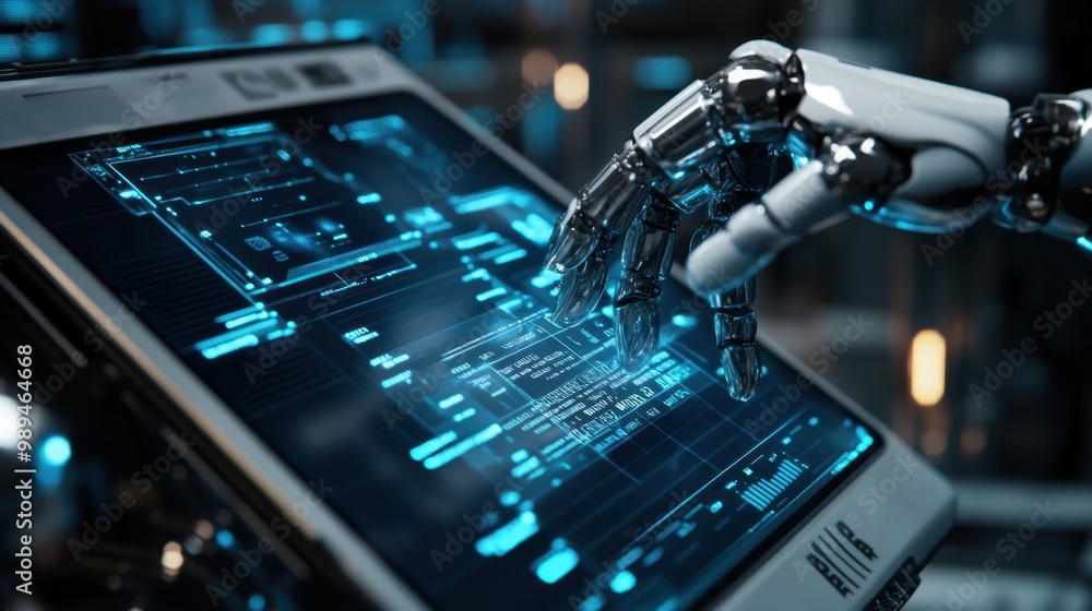 A robotic hand interacts with a futuristic touchscreen display in a high-tech control room during the evening A robotic hand interacts with a futuristic touchscreen display in a high-tech control room during the evening