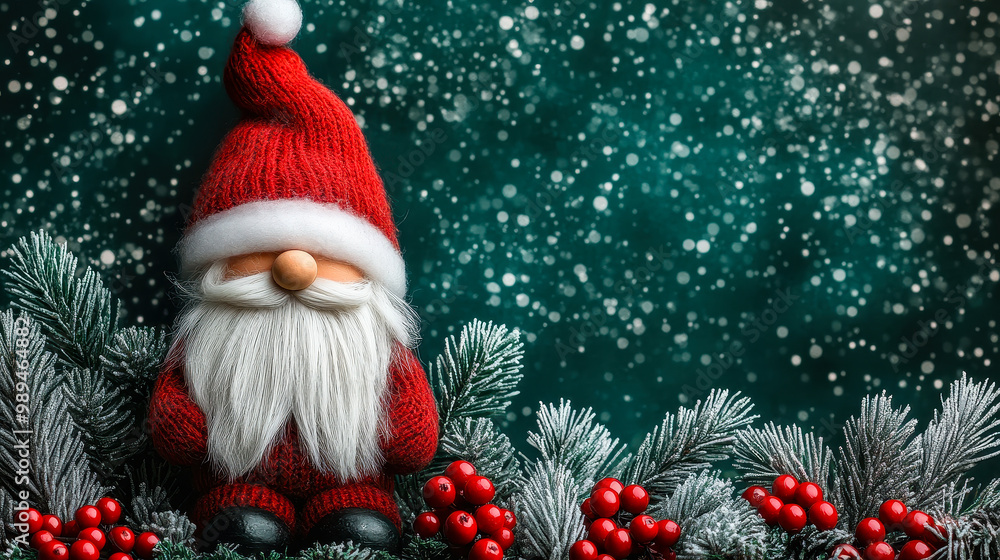 Scandinavian Christmas Gnome with Winter Berry and Pine on Dark Green Background, Festive New Year Holiday Decoration, Snowy Winter Theme, Cozy Seasonal Greeting Card Design Scandinavian Christmas Gnome with Winter Berry and Pine on Dark Green Background, Festive New Year Holiday Decoration, Snowy Winter Theme, Cozy Seasonal Greeting Card Design