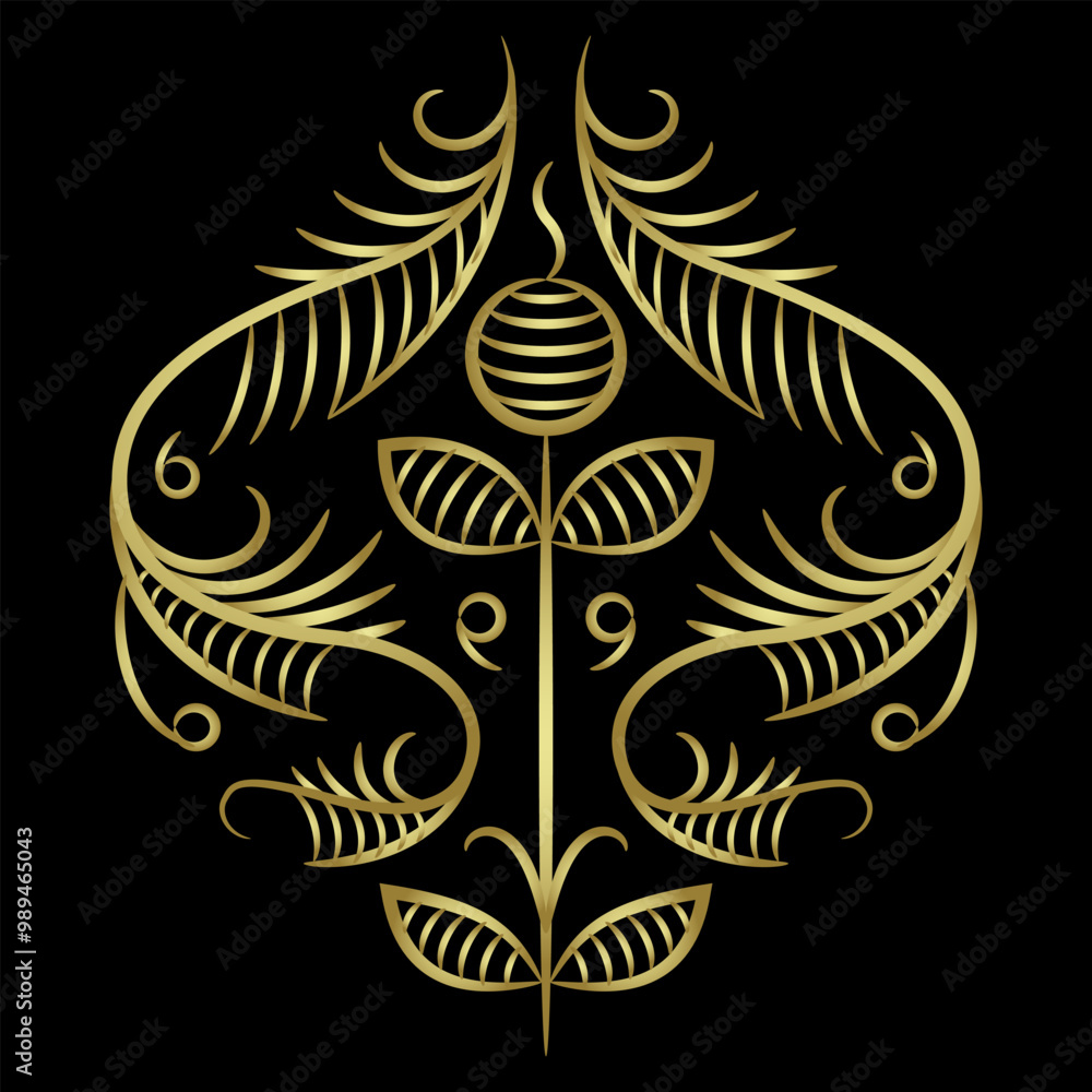 Stylized blooming branch. Abstract medieval floral design. Folk style. Golden linear silhouette on black background. Stylized blooming branch. Abstract medieval floral design. Folk style. Golden linear silhouette on black background.