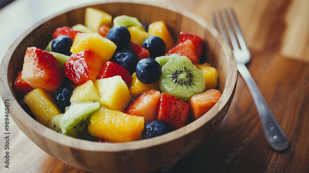 Fruit Salad In A Wood Bowl On A Table With A Fork Fruit Salad In A Wood Bowl On A Table With A Fork