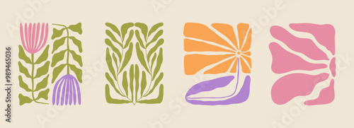 Trendy aesthetic posters with abstract groovy floral shape with flowers and leaves. Simple irregular wild plants. Naive funky prints for wall art, interior decorations. Boho summer illustrations