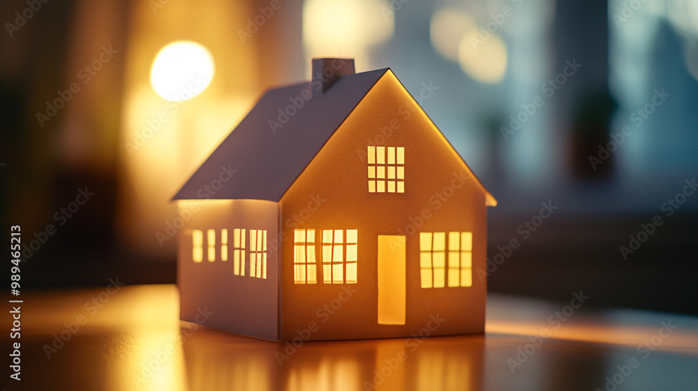 Warmly lit paper house model glowing softly on a wooden table in evening light Warmly lit paper house model glowing softly on a wooden table in evening light