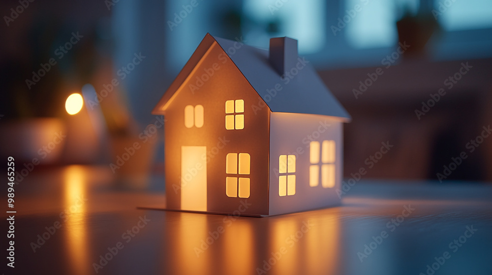 A glowing paper house stands on a table, illuminated warmly during a cozy evening indoors A glowing paper house stands on a table, illuminated warmly during a cozy evening indoors