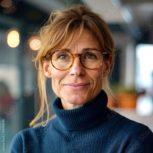 A woman wearing glasses and a blue turtle neck sweater photo