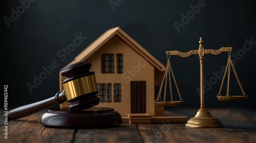 A wooden gavel, a small house model, and a scale of justice on a wooden table. photo