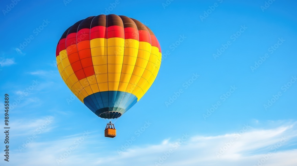 Colorful hot air balloon soaring in a clear blue sky creating a vibrant spectacle in the atmosphere Colorful hot air balloon soaring in a clear blue sky creating a vibrant spectacle in the atmosphere