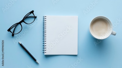 Flat lay composition of a workspace featuring a blank notebook documents glasses and a coffee cup set against a blue backdrop