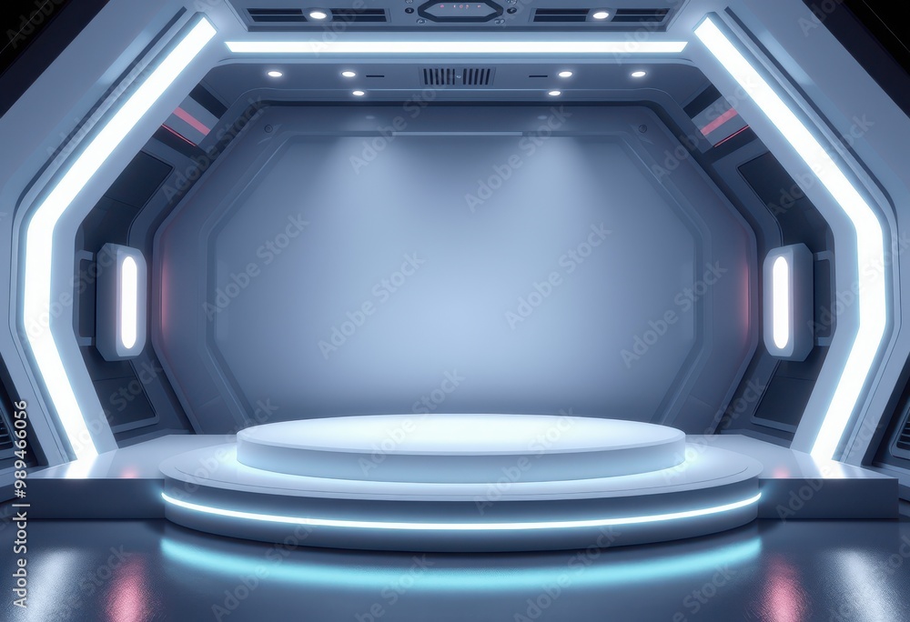 Futuristic White Platform with Neon Lights in a Sci-Fi Room Futuristic White Platform with Neon Lights in a Sci-Fi Room