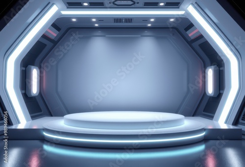 Futuristic White Platform with Neon Lights in a Sci-Fi Room photo