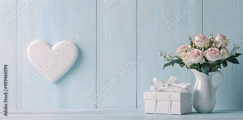 White Wooden Wall With Roses and Gifts