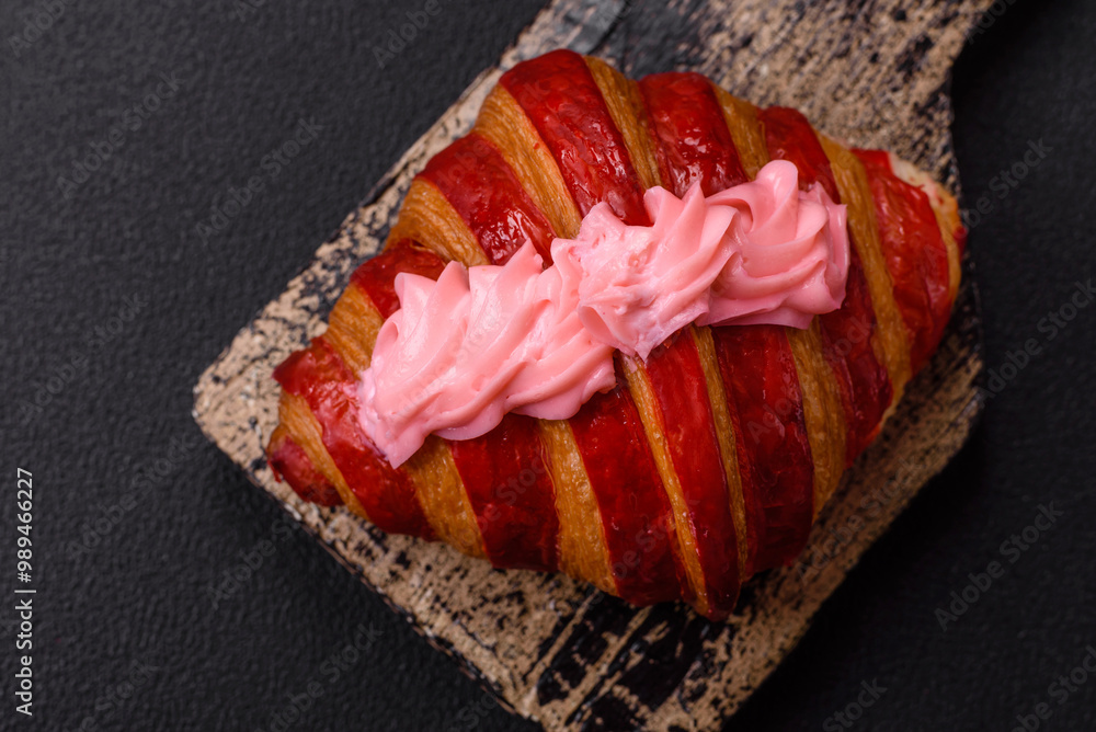 Crispy fresh red croissant with cream and strawberries Crispy fresh red croissant with cream and strawberries