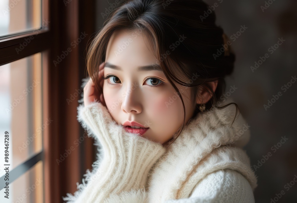 A Close-Up Portrait of a Young Woman with Long Brown Hair Wearing a White Sweater A Close-Up Portrait of a Young Woman with Long Brown Hair Wearing a White Sweater