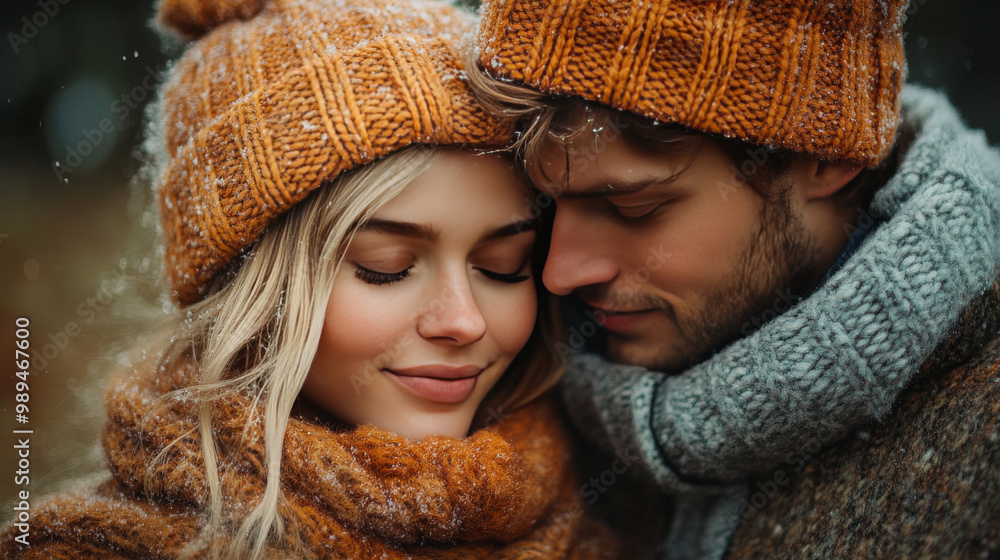 Young couple in love snuggle close in the snow. Young couple in love snuggle close in the snow.