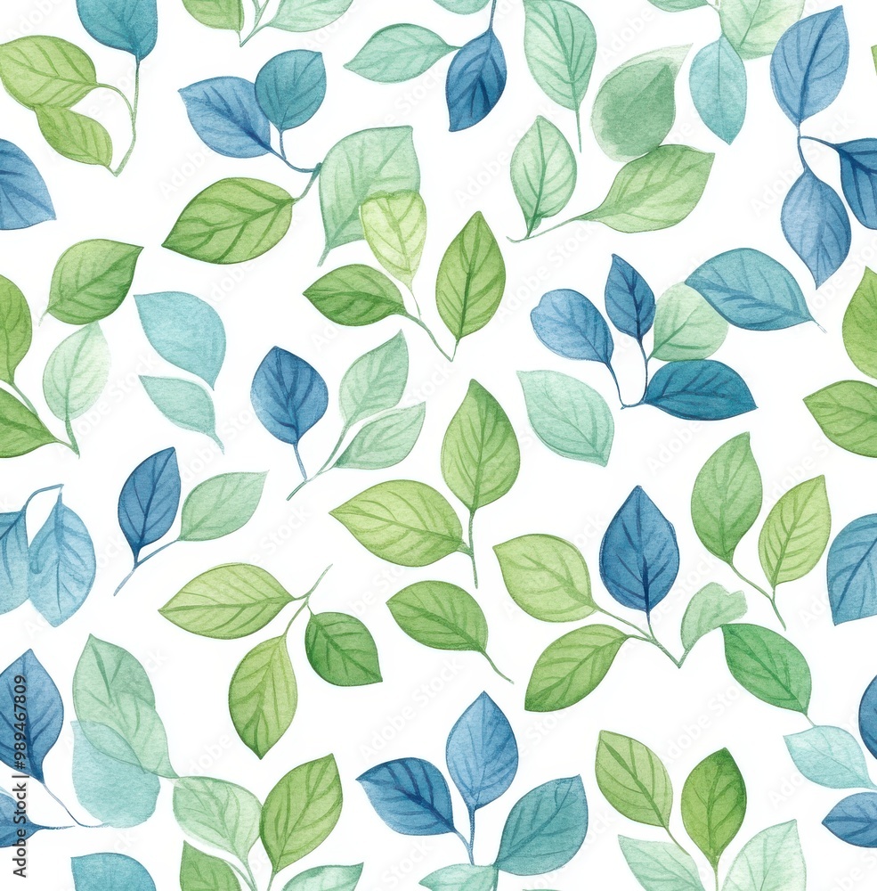 Watercolor, light blue and green leaves, white background, seamless pattern Watercolor, light blue and green leaves, white background, seamless pattern