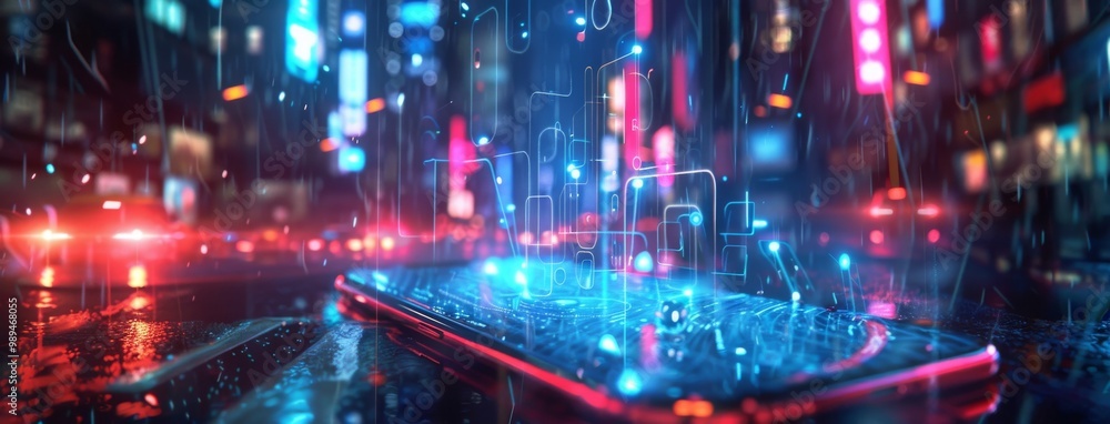 An artistic rendering of an AIpowered mobile phone, glowing with futuristic holographic effects and data streams, set against the backdrop of city lights at night. The scene captures innovation in tec An artistic rendering of an AIpowered mobile phone, glowing with futuristic holographic effects and data streams, set against the backdrop of city lights at night. The scene captures innovation in tec