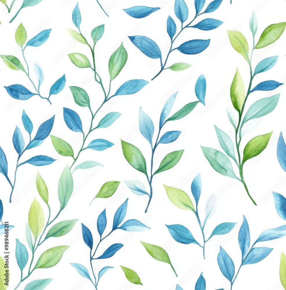 Watercolor, light blue and green leaves, white background, seamless pattern Watercolor, light blue and green leaves, white background, seamless pattern