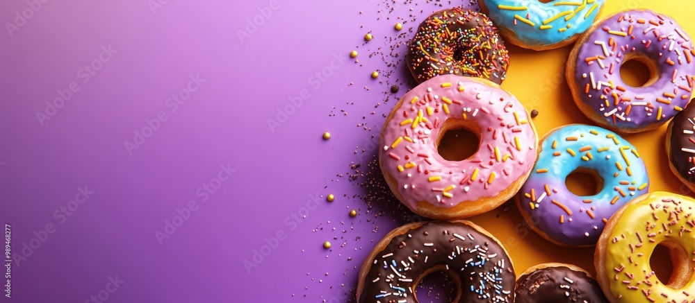 Colorful donuts with icing and chocolate sprinkles are arranged against a purple and yellow background Flat lay composition Colorful donuts with icing and chocolate sprinkles are arranged against a purple and yellow background Flat lay composition