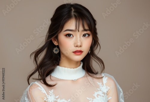 Portrait of a Woman with Long Dark Hair, Wearing a White Lace Dress and Earrings photo