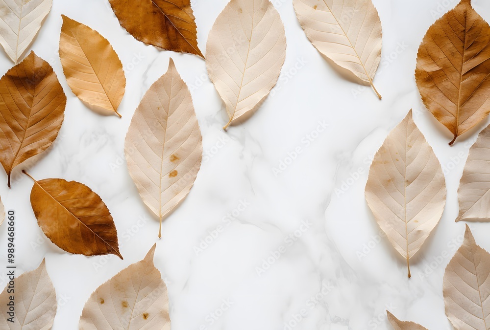 Dried Leaves on Marble Background Flatlay Dried Leaves on Marble Background Flatlay