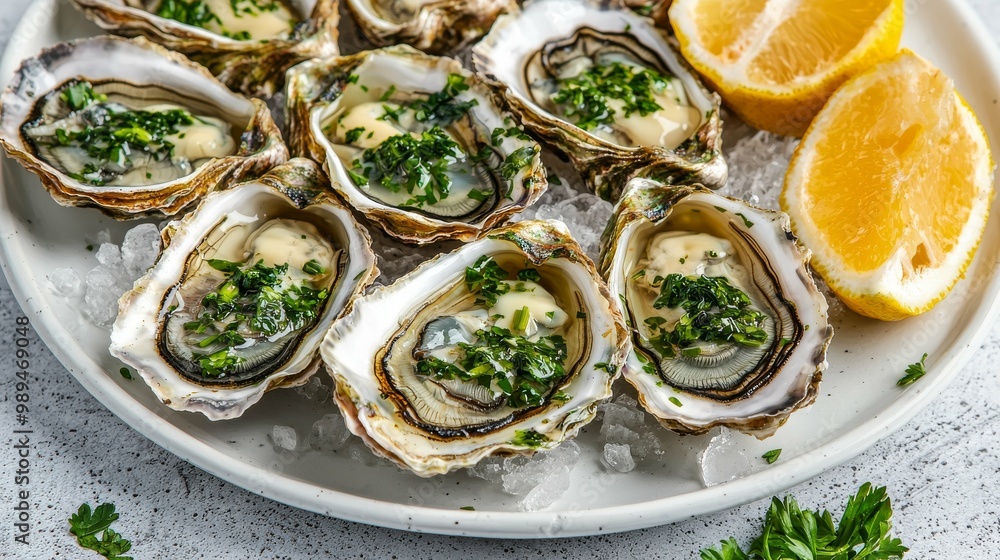 A plate of fresh oysters garnished with herbs and accompanied by lemon wedges, presented on crushed ice. A plate of fresh oysters garnished with herbs and accompanied by lemon wedges, presented on crushed ice.
