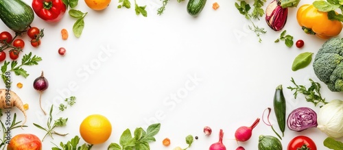 Fresh organic vegetables arranged on a white background viewed from above with space for text Watercolor wreath design