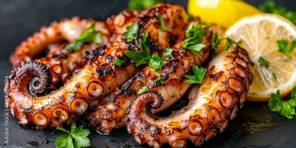 Grilled octopus garnished with fresh herbs and lemon slices, presented on a dark surface, showcasing a delicious seafood dish. Grilled octopus garnished with fresh herbs and lemon slices, presented on a dark surface, showcasing a delicious seafood dish.
