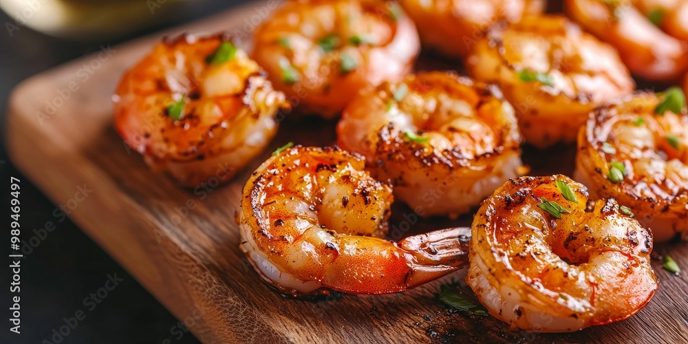 Grilled shrimp seasoned to perfection, served on a wooden board, showcasing vibrant colors and appetizing textures for seafood lovers. Grilled shrimp seasoned to perfection, served on a wooden board, showcasing vibrant colors and appetizing textures for seafood lovers.