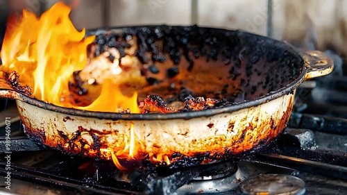 Burnt frying pan on fire, kitchen disaster with flames, cooking mishap on stovetop, dangerous culinary mistake and cleanup
