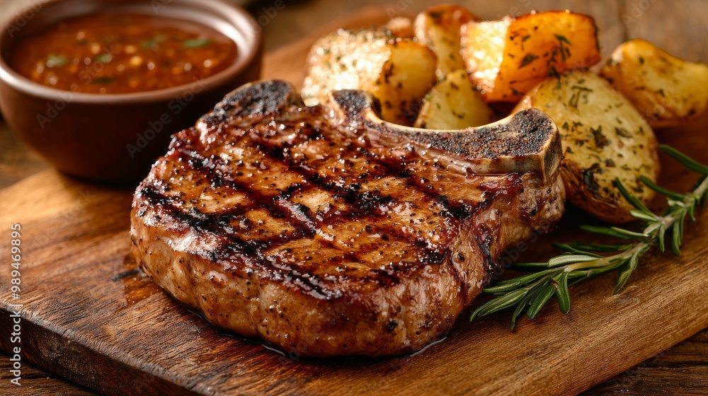 A beautifully grilled steak served with roasted potatoes and a side of sauce, garnished with herbs on a rustic wooden board. A beautifully grilled steak served with roasted potatoes and a side of sauce, garnished with herbs on a rustic wooden board.