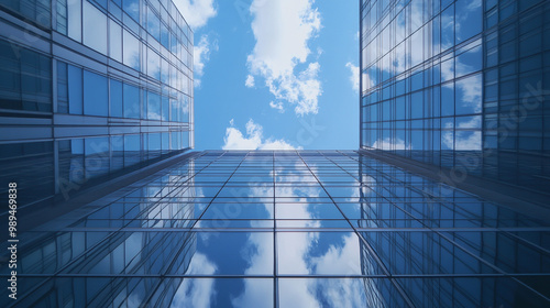 Looking up at tall modern glass buildings under a bright blue sky with fluffy clouds