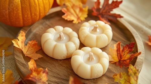 Closeup of  orange Halloween pumpkin candles, laying on the table on a festive day as a holiday home decoration photo