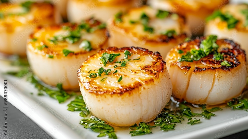 Deliciously seared scallops garnished with herbs, presented on a white plate, showcasing their golden-brown crust and succulent texture. Deliciously seared scallops garnished with herbs, presented on a white plate, showcasing their golden-brown crust and succulent texture.