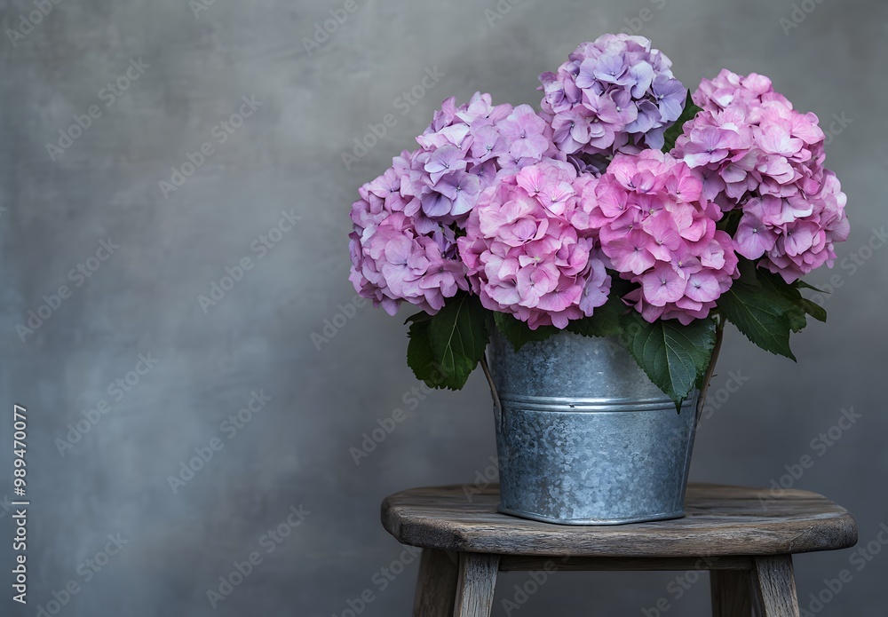 Pink Hydrangea Flowers in Silver Bucket on Wooden Stool Pink Hydrangea Flowers in Silver Bucket on Wooden Stool