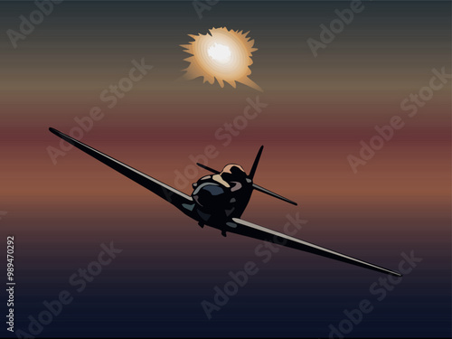 Vector illustration of an airplane flying in the twilight sky against the distant sun, for the design of prints and illustrations on the theme of the Second World War