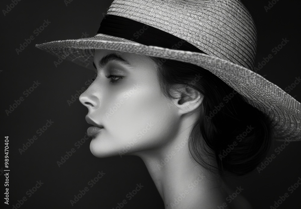 Black and white fashion photography of a female model in profile, wearing a hat against a minimalist background with clean lines and high contrast. The photo has high resolution and detailed textures, Black and white fashion photography of a female model in profile, wearing a hat against a minimalist background with clean lines and high contrast. The photo has high resolution and detailed textures,
